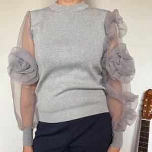Gray Sweater with Sheer Floral Sleeves